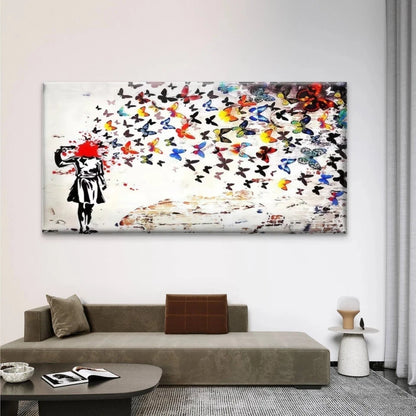 Girl with Butterflies Street Art Canvas Office Home Room Framed 120x60cm