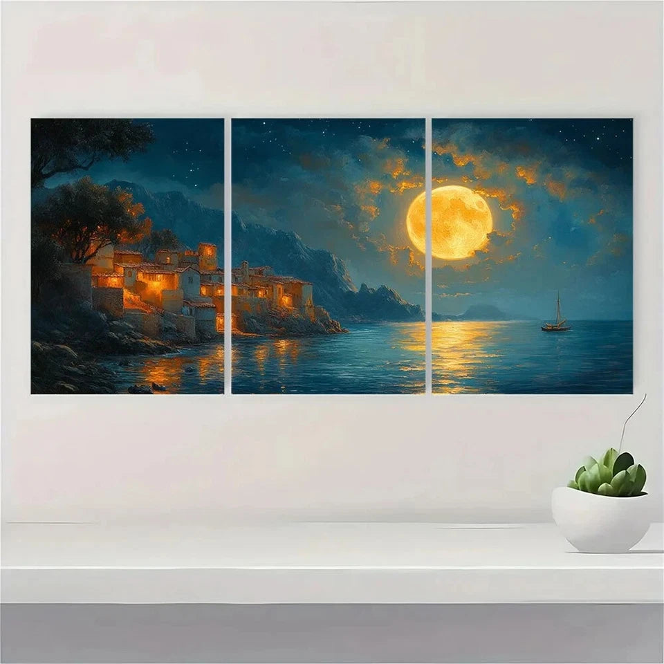 3pcs Midnight Greek Fishing Village Full Moon Metal Print Ready to Hang Art - Bella Home Decor