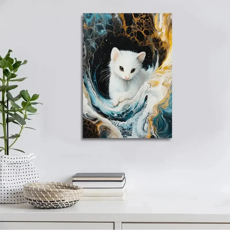 Beautiful Elegant White Kitten Abstract Painting 40x60cm Metal Print Ready to Hang - Bella Home Decor