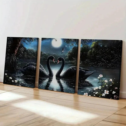3pcs Black Swan Moonlit Night Serene Lake Wall Art Set Canvas Framed 50x70cm - High Quality Print 100% Australian Made Wall Canvas Ready to Hang - Bella Home Decor