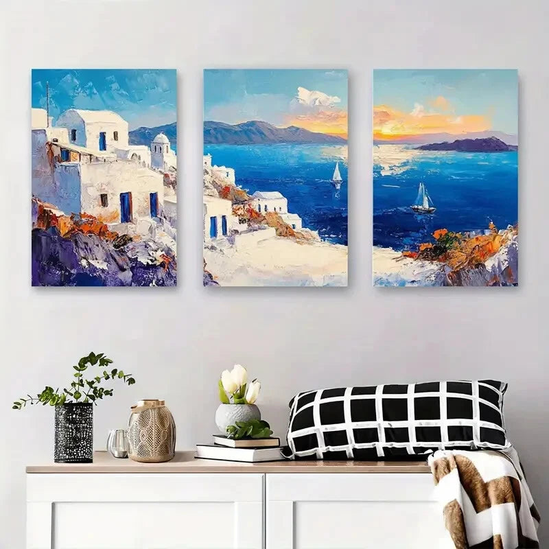 3pcs Vibrant Greece Seaside Seascape Metal Print Ready to Hang Art