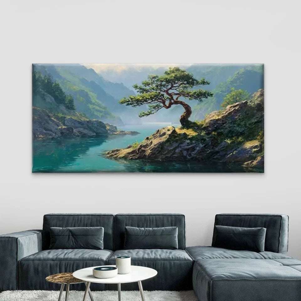 Mountain Landscape with Bonsai Wall Art Canvas Office Home Room Framed 120x60cm