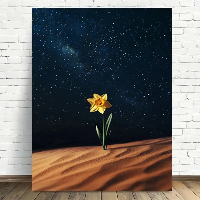 Beautiful Desert Daffodil Under Starry Sky Painting 40x60cm Metal Print Ready to Hang - Bella Home Decor