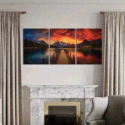 3pcs Sunset Lake Mountains Dock Reflections Wall Art Canvas Unframed - High Quality Print 100% Australian Made Wall Canvas