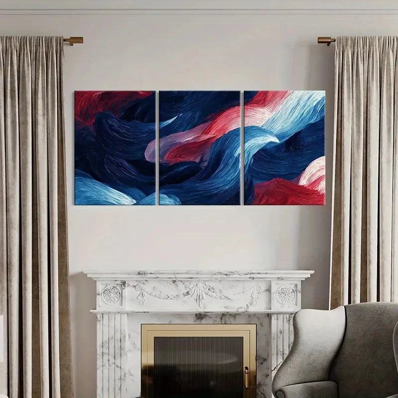 3pcs Abstract Waves Art, Blue Red White Color Wall Art Set Canvas Framed 60x90cm - High Quality Print 100% Australian Made Wall Canvas Ready to Hang - Bella Home Decor