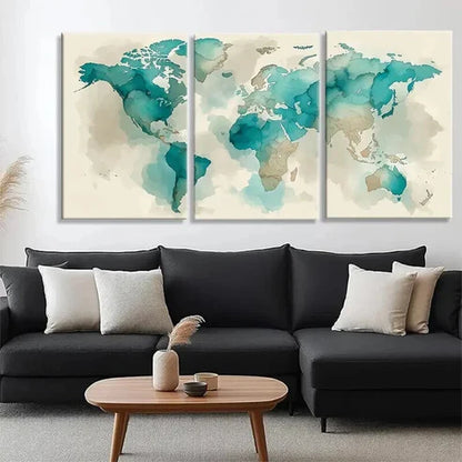 3pcs Abstract Global Map Beige Tones Perfect Wall Art Set Canvas Unframed - High Quality Print 100% Australian Made Wall Canvas - Bella Home Decor
