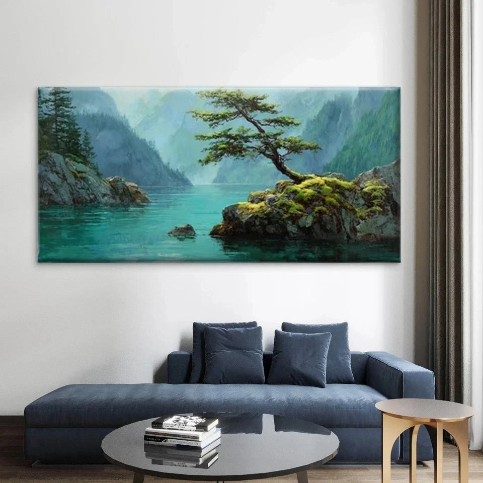 Lone Tree in Misty Valley Wall Art Canvas Office Home Room Framed 120x60cm