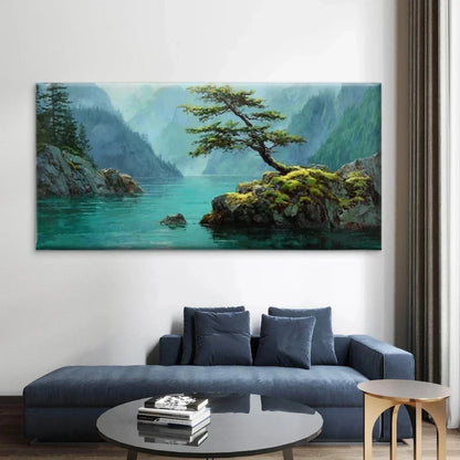 Lone Tree in Misty Valley Wall Art Canvas Office Home Room Framed 120x60cm