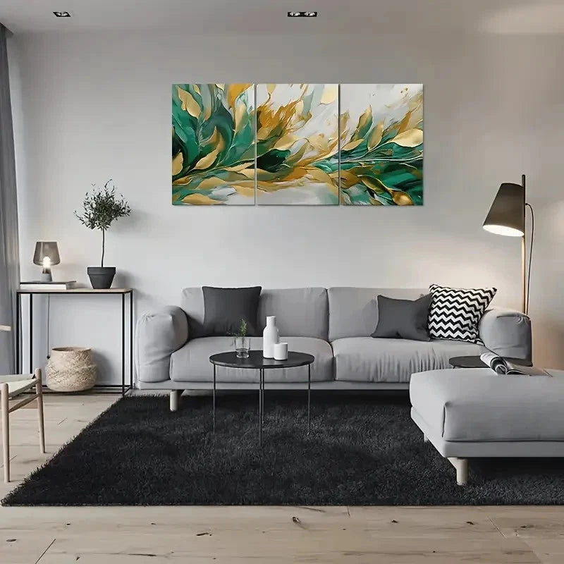 3pcs Teal Golden and White Colors Wall Art Set Canvas Framed 60x90cm - High Quality Print 100% Australian Made Wall Canvas Ready to Hang