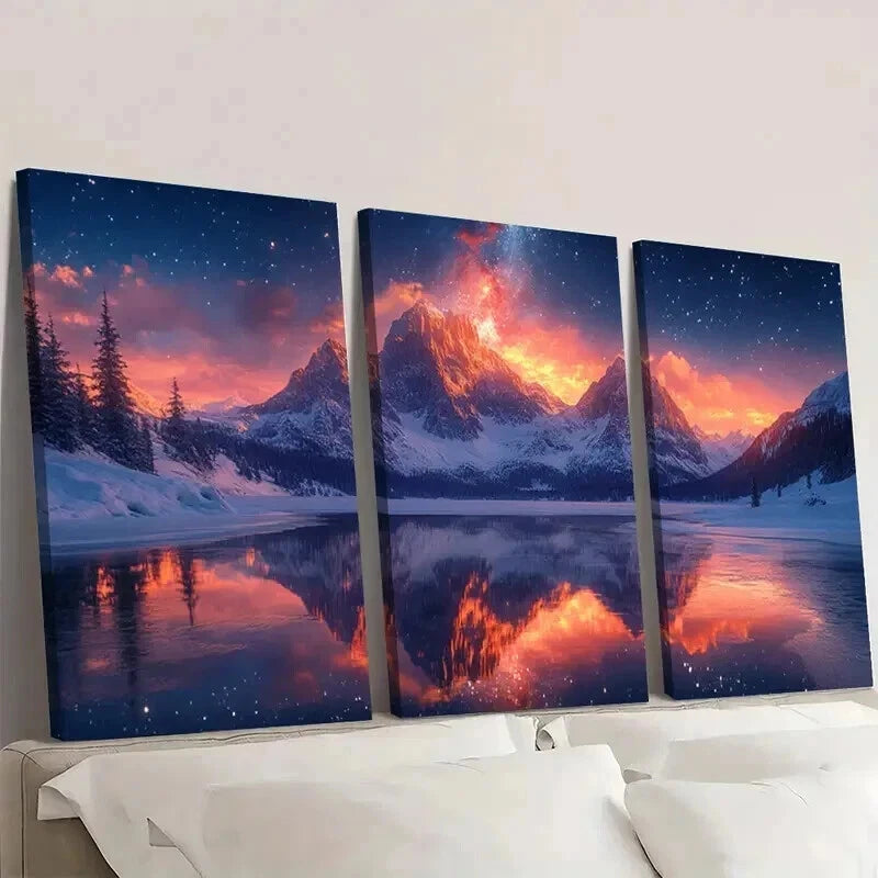 3pcs Starry Sky Above The Snow covered Mountains Wall Art Set Canvas Framed 50x70cm - High Quality Print 100% Australian Made Wall Canvas Ready to Hang - Bella Home Decor