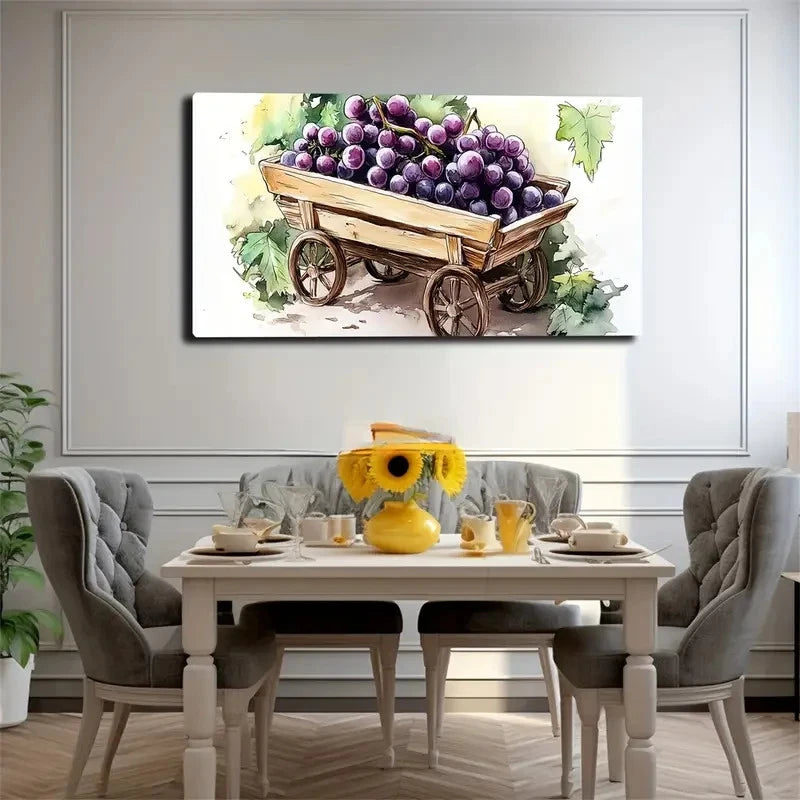 Wooden Cart With Purple Grapes Wall Art Canvas Office Home Room Framed 120x60cm