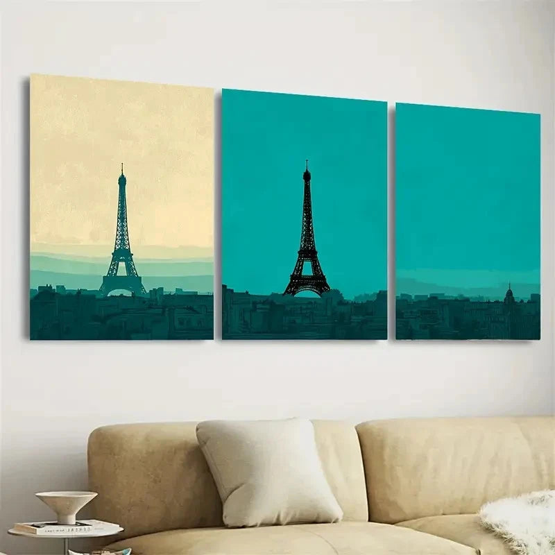 3pcs Eiffel Tower Teal Paris France Skyline Art Wall Art Set Canvas Framed 40x60cm - High Quality Print 100% Australian Made Wall Canvas Ready to Hang - Bella Home Decor