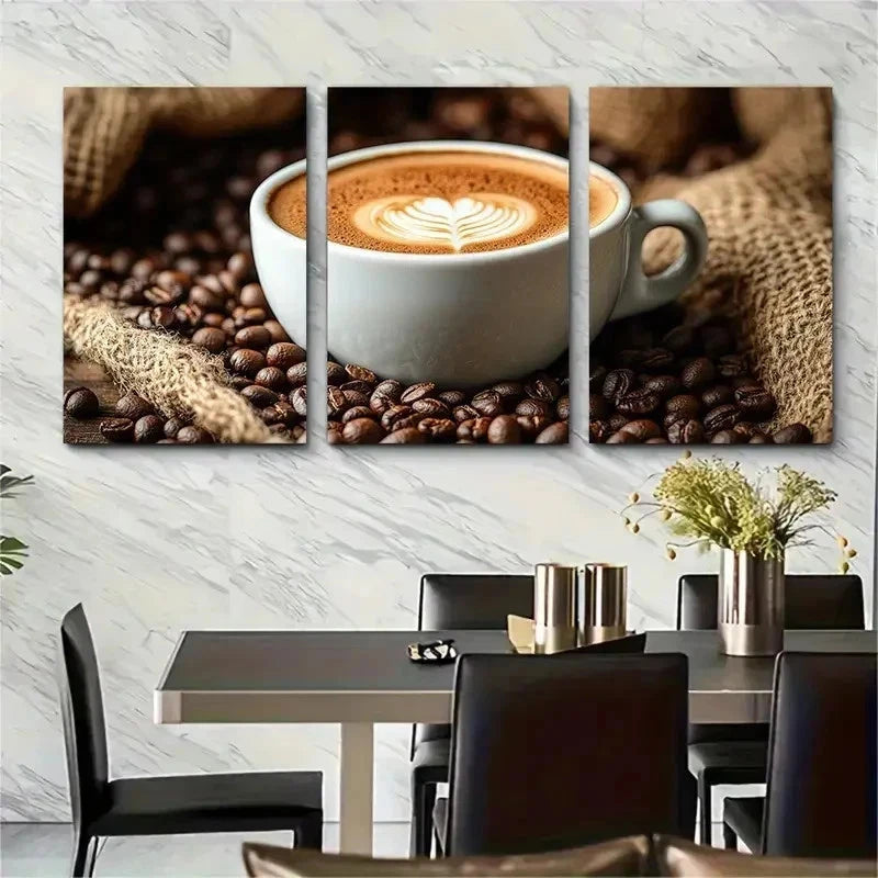 3pcs Coffee Cup Sack Beans Latte Perfect Wall Art Set Canvas Framed 50x70cm - High Quality Print 100% Australian Made Wall Canvas Ready to Hang - Bella Home Decor