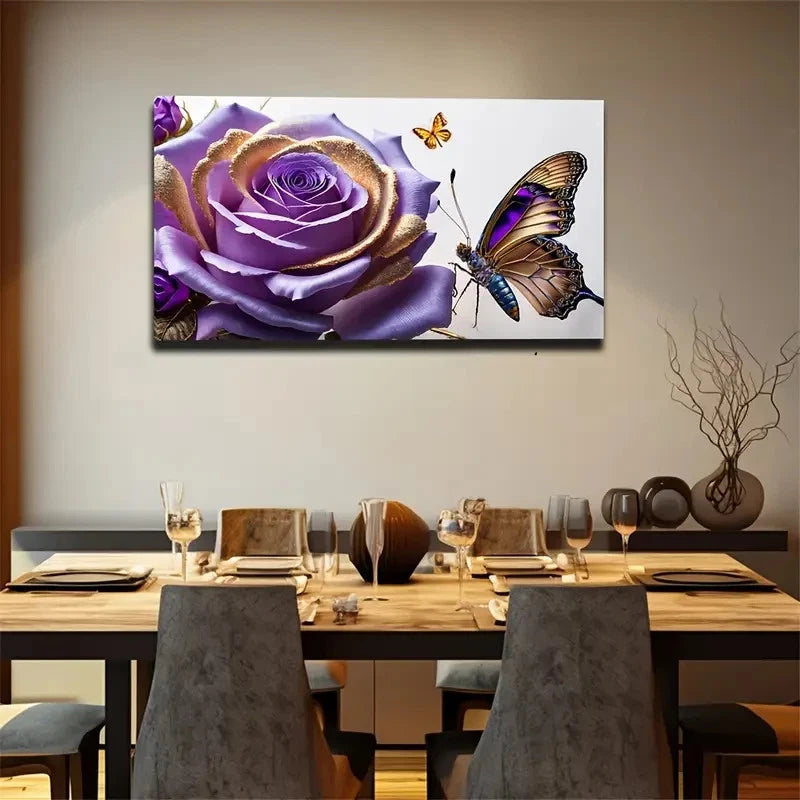Purple Flowers And Butterflies Wall Art Canvas Office Home Room Framed 120x60cm