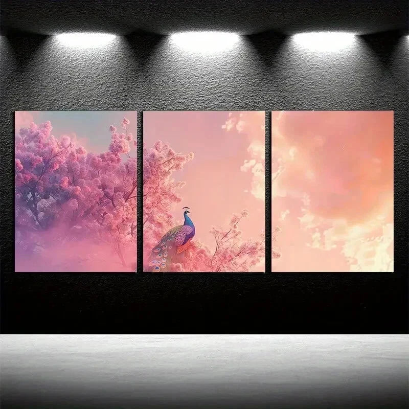 3pcs Render of Peacock on the Tree Design Wall Art Set Canvas Framed 50x70cm - High Quality Print 100% Australian Made Wall Canvas Ready to Hang - Bella Home Decor