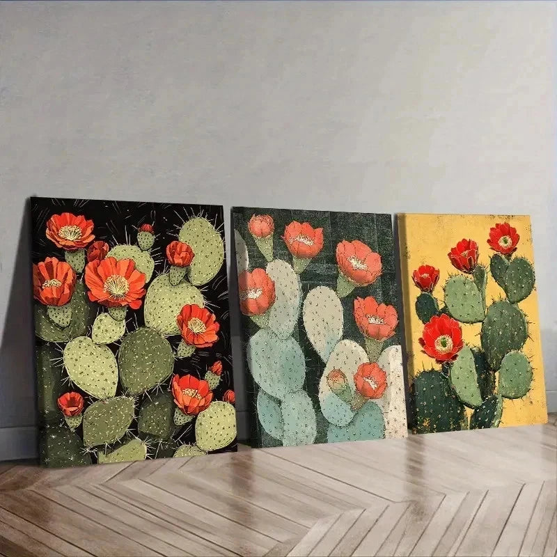 3pcs Featuring Blooming Cacti & Red Flowers Wall Art Set Canvas Framed 50x70cm - High Quality Print 100% Australian Made Wall Canvas Ready to Hang