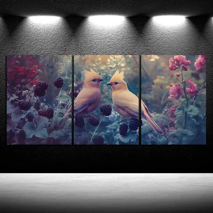3pcs Two Birds on Blackberry Flowers Metal Print Ready to Hang Art - Bella Home Decor