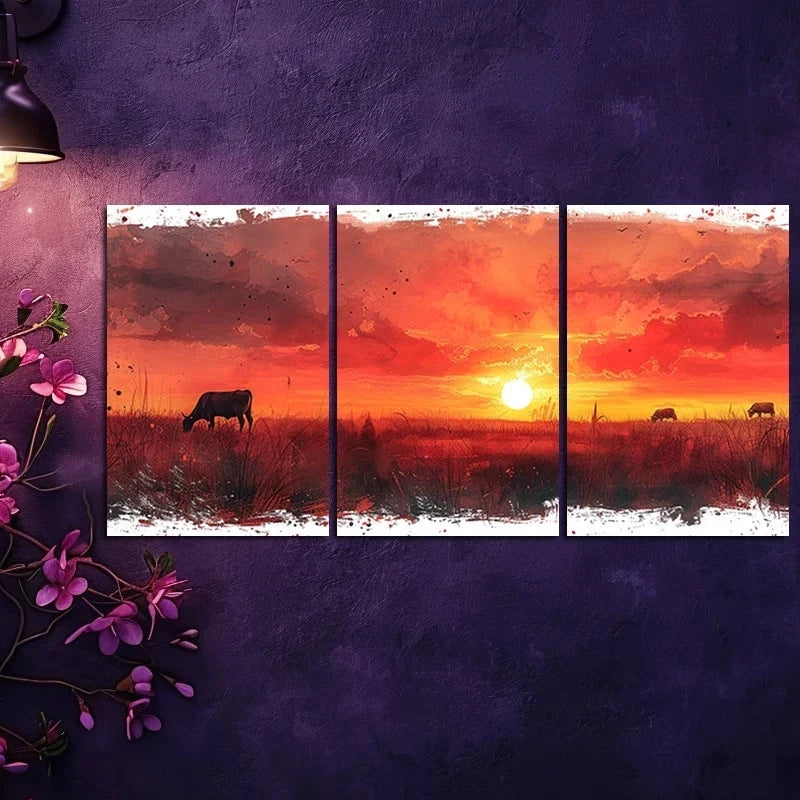 3pcs 3pcs Charming Sunset Cows & Sheep Metal Print Ready to Hang Art - Bella Home Decor