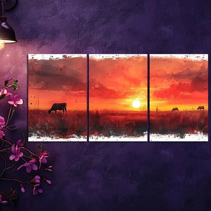 3pcs 3pcs Charming Sunset Cows & Sheep Metal Print Ready to Hang Art - Bella Home Decor