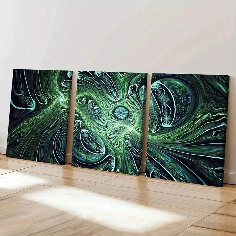 3pcs Green Swirl Modern Abstract Psychedelic Wall Art Set Canvas Framed 50x70cm - High Quality Print 100% Australian Made Wall Canvas Ready to Hang