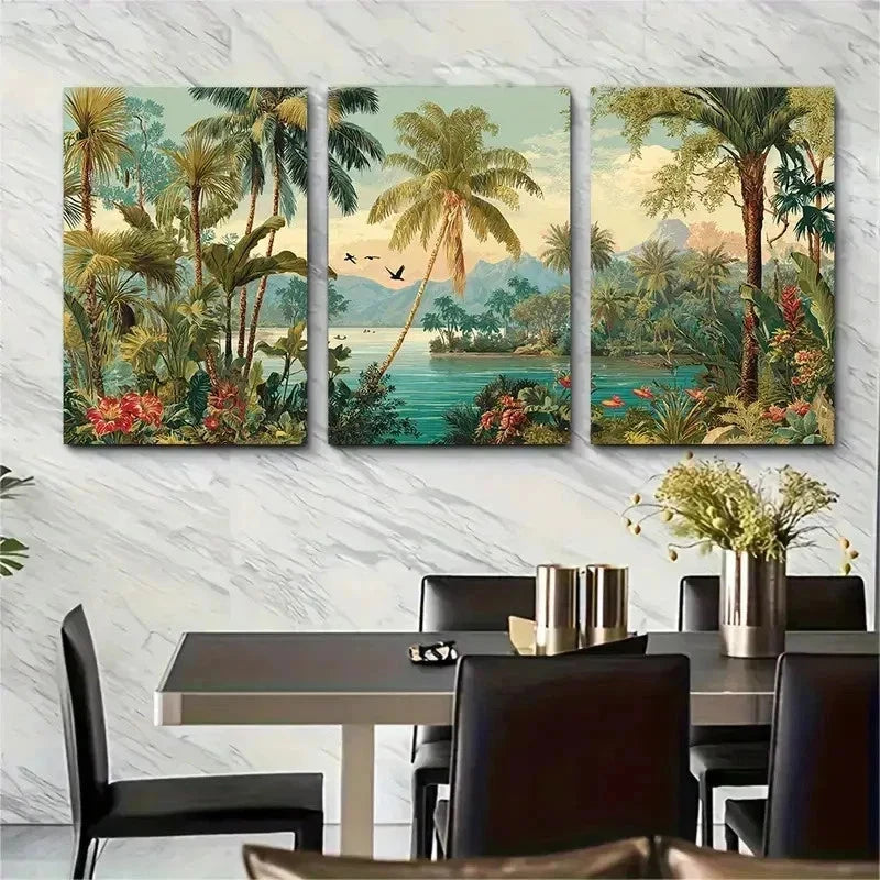 3pcs Palm Trees & Lush Greenery Floral Perfect Wall Art Set Canvas Framed 50x70cm - High Quality Print 100% Australian Made Wall Canvas Ready to Hang