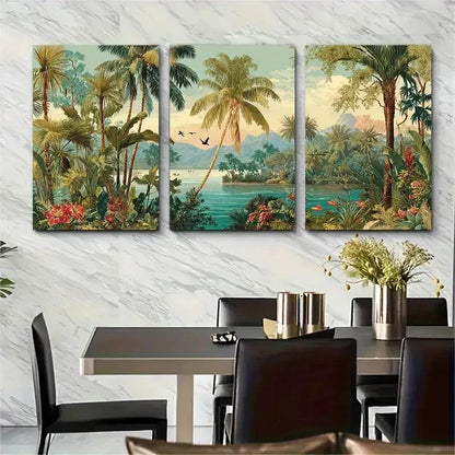 3pcs Palm Trees & Lush Greenery Floral Perfect Wall Art Set Canvas Framed 50x70cm - High Quality Print 100% Australian Made Wall Canvas Ready to Hang