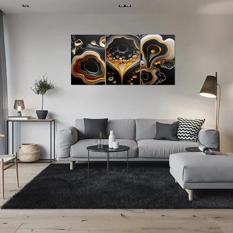 3pcs Modern Geode Painting Black Golden White Metal Print Ready to Hang Art - Bella Home Decor