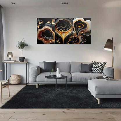 3pcs Modern Geode Painting Black Golden White Metal Print Ready to Hang Art - Bella Home Decor