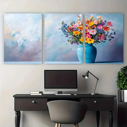 3pcs Flowers in a Blue Vase oi   Wall Art Set Canvas Framed 40x60cm - High Quality Print 100% Australian Made Wall Canvas Ready to Hang - Bella Home Decor