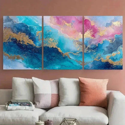3pcs Blue & Gold  Abstract  Wall Art Canvas Unframed - High Quality Print 100% Australian Made Wall Canvas - Bella Home Decor