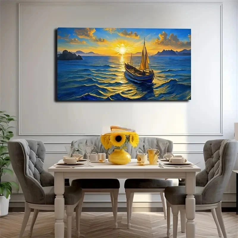 Vibrant Boat & Ocean Scene Wall Art Canvas Office Home Room Framed 120x60cm