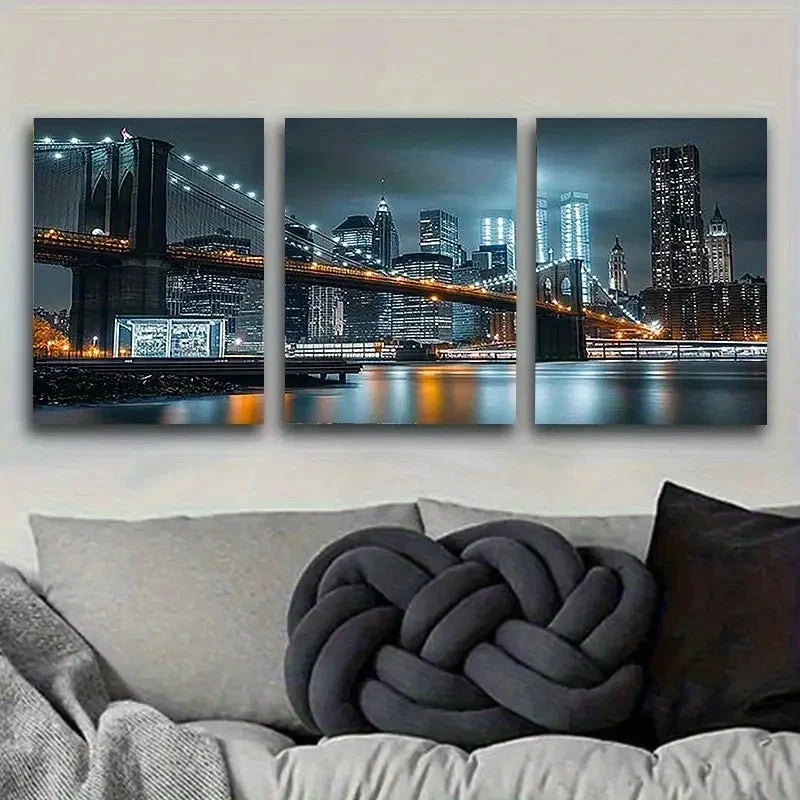 3pcs New York City Bridge Night Photograph Wall Art Set Canvas Framed 40x60cm - High Quality Print 100% Australian Made Wall Canvas Ready to Hang
