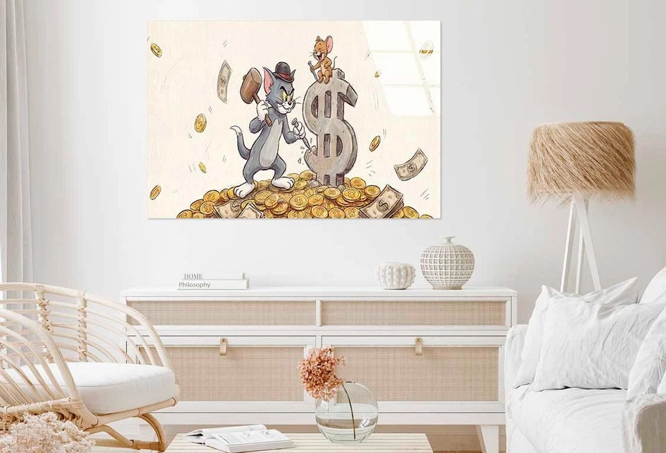 Cat Mouse Carving Money Glass Printing Wall Art Australian Made Quality - Bella Home Decor