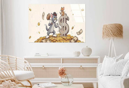 Cat Mouse Carving Money Glass Printing Wall Art Australian Made Quality - Bella Home Decor