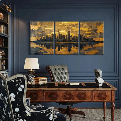 3pcs Golden Sky Cityscape Modern Urban Sky Design Metal Print Ready to Hang Art - Bella Home Decor