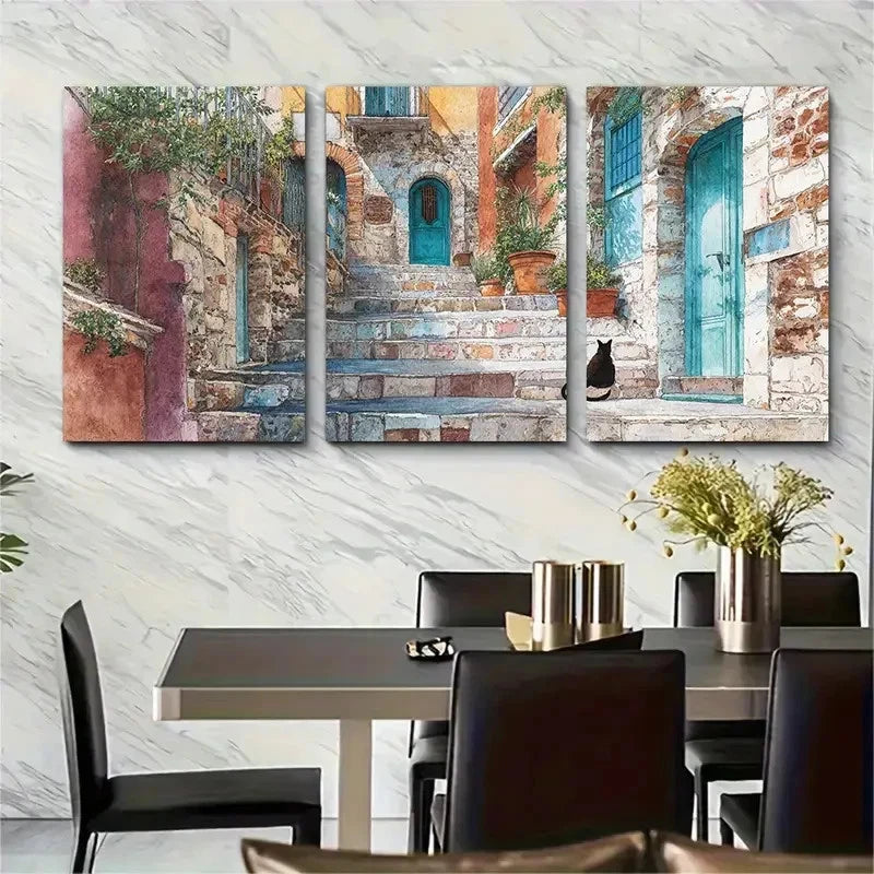 3pcs Architecture & Cat On Stairs Scene Perfect Wall Art Set Canvas Framed 40x60cm - High Quality Print 100% Australian Made Wall Canvas Ready to Hang - Bella Home Decor