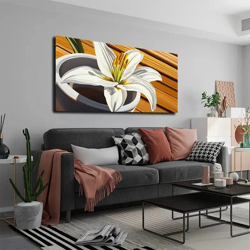 Blooming White Lilies Grayish Wall Art Canvas Office Home Room Framed 120x60cm - Bella Home Decor
