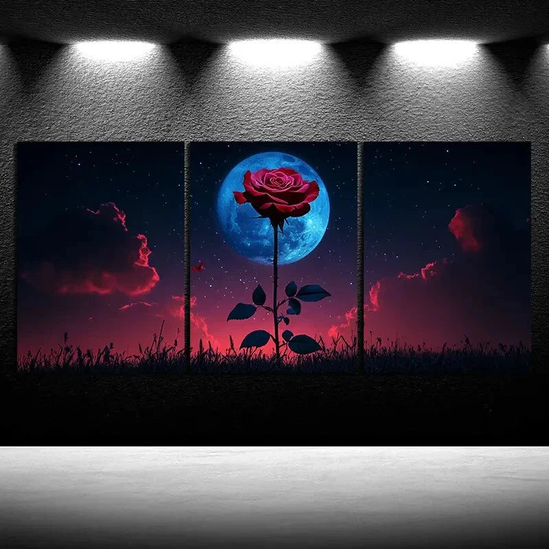 3pcs Red Rose under Moonlight Metal Print Ready to Hang Art - Bella Home Decor