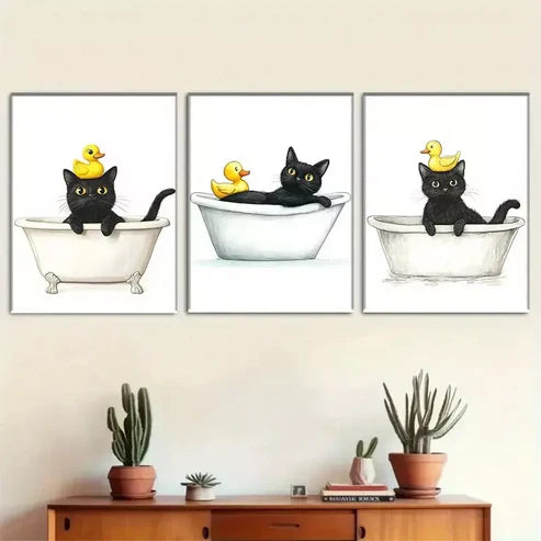 3 PCS Whimsical Black Cat & Duckling In Bathtub Wall Art Set Canvas Unframed - High Quality Print 100% Australian Made Wall Canvas - Bella Home Decor