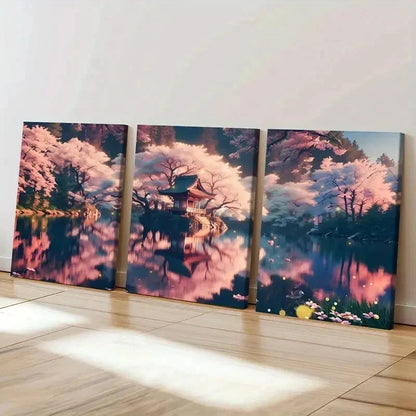 3pcs Japanese Sakura Lake Modern Wall Art Set Canvas Framed 60x90cm - High Quality Print 100% Australian Made Wall Canvas Ready to Hang