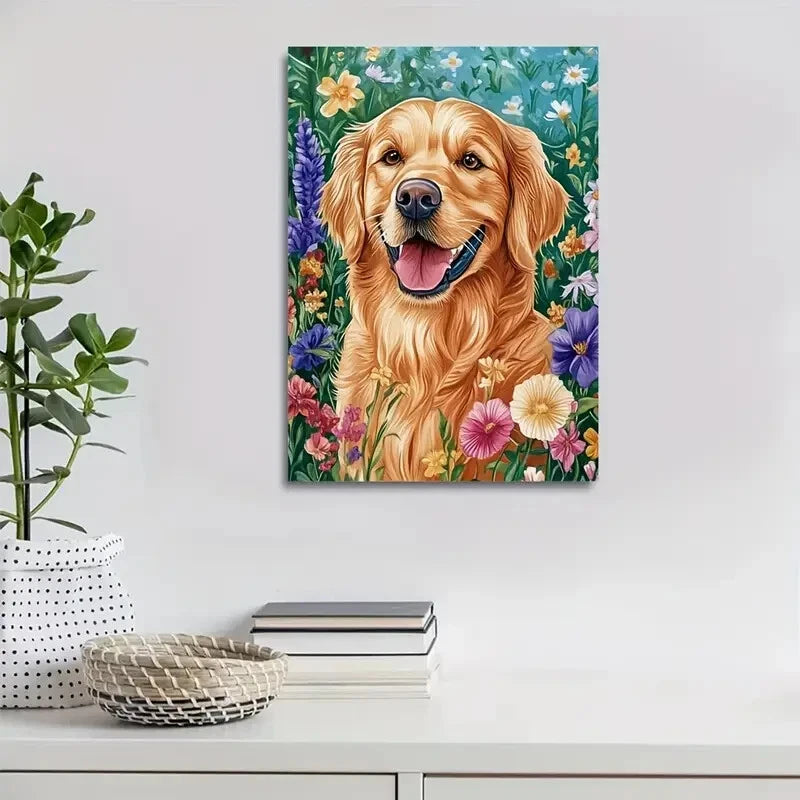 Golden Retriever Dog with Flowers & Plants Painting 40x60cm Metal Print Ready to Hang - Bella Home Decor