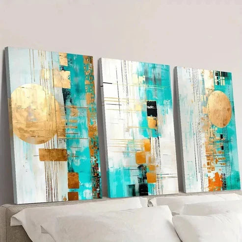 3pcs Geometric Design with Golden Accents Wall Art Canvas Unframed - High Quality Print 100% Australian Made Wall Canvas - Bella Home Decor