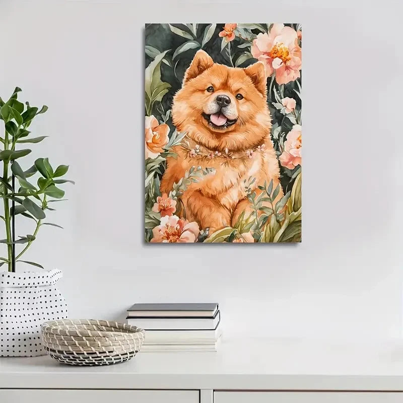 Adorable Chow Chow Dog with Flowers & Plants Painting 40x60cm Metal Print Ready to Hang
