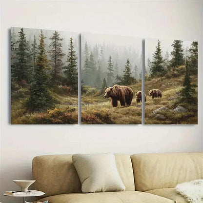 3pcs Mother Bear with Cubs Bear Spruce Forest Wall Art Set Canvas Framed 40x60cm - High Quality Print 100% Australian Made Wall Canvas Ready to Hang