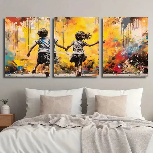 3pcs Boy And Girl Running on a Street Wall Art Set Canvas Unframed - High Quality Print 100% Australian Made Wall Canvas - Bella Home Decor