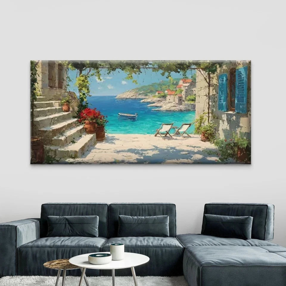 Mediterranean Scenic Sea View Wall Art Canvas Office Home Room Framed 120x60cm