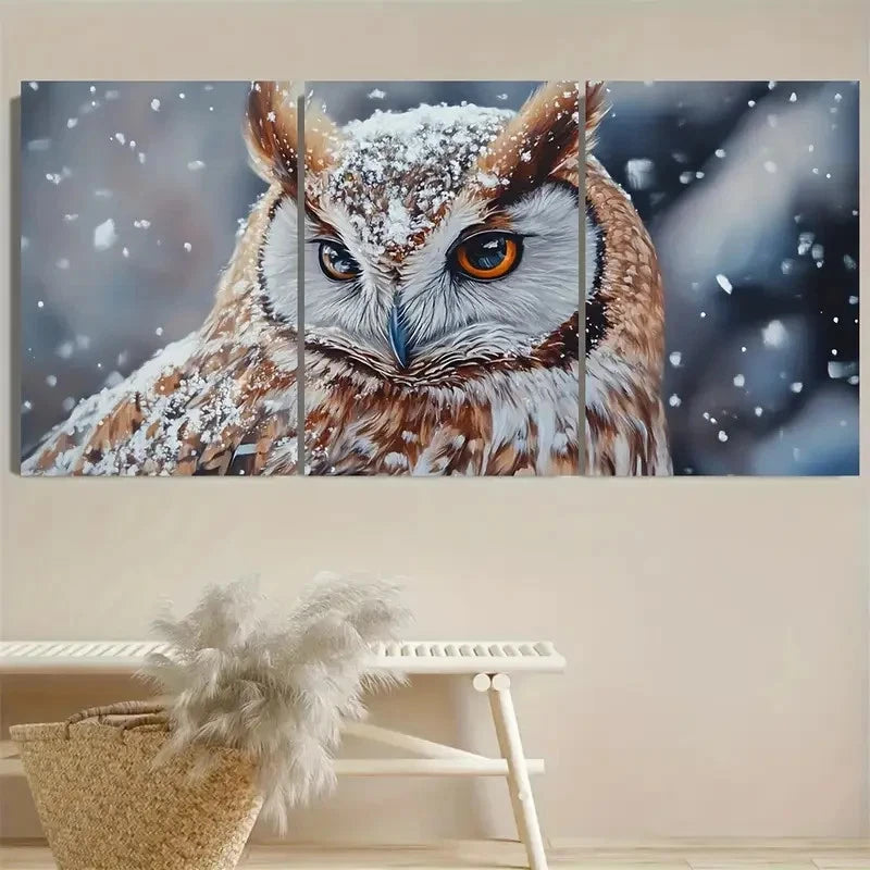 3pcs Snowy Owl with Glowing Eyes Wall Art Set Canvas Framed 60x90cm - High Quality Print 100% Australian Made Wall Canvas Ready to Hang