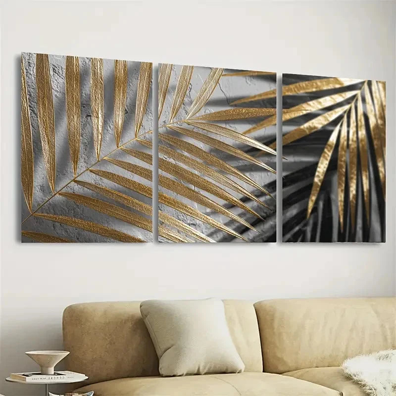 3pcs Golden Sun and Palm Leaf Tropical Wall Art Set Canvas Framed 40x60cm - High Quality Print 100% Australian Made Wall Canvas Ready to Hang - Bella Home Decor