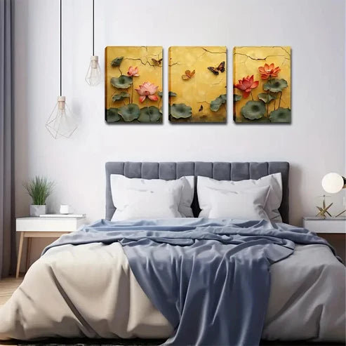 3pcs Lotus Flowers with Water and Butterflies Wall Art Set Canvas Unframed - High Quality Print 100% Australian Made Wall Canvas  Wall Art Set Canvas Unframed - High Quality Print 100% Australian Made Wall Canvas