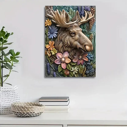 Featuring a Moose Surrounded by Floral Design Painting 40x60cm Metal Print Ready to Hang - Bella Home Decor
